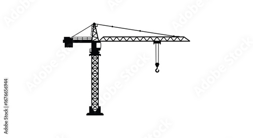 A black and white illustration of a construction crane with hook