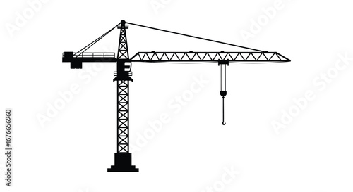 A black silhouette of a construction crane on a white background