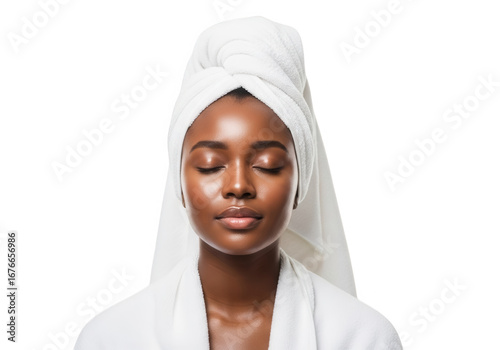 Young black woman peaceful spa relaxation isolated on transparent background
