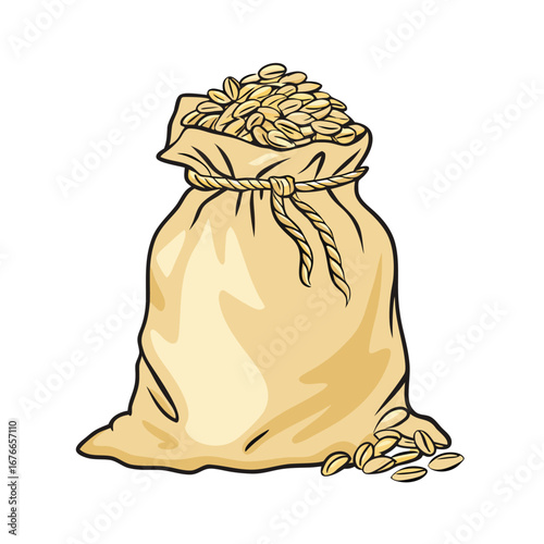 Full burlap sack overflowing with grains tied with rope wheat oats