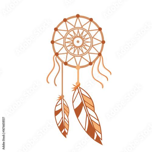 Ornate circular dreamcatcher with hanging feathers brown