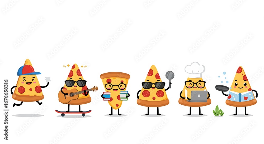 Naklejka premium 2D flat cartoon illustration of multiple pizza slice characters
