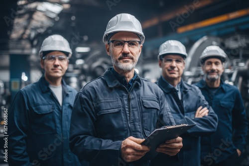 Four male engineers in hard hats and uniforms stand confidently in an industrial factory setting, one holding a clipboard