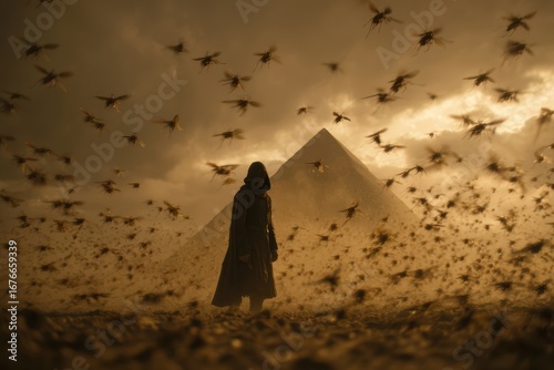A hooded figure stands before a pyramid as a swarm of locusts fills the dramatic, sepia-toned sky