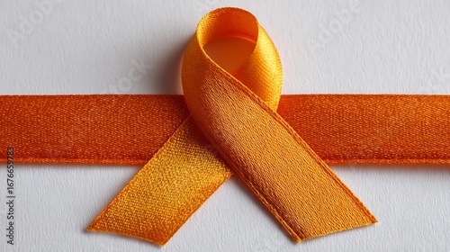 Orange ribbon awareness symbol resting on a white surface in a close up studio shot for advocacy cause