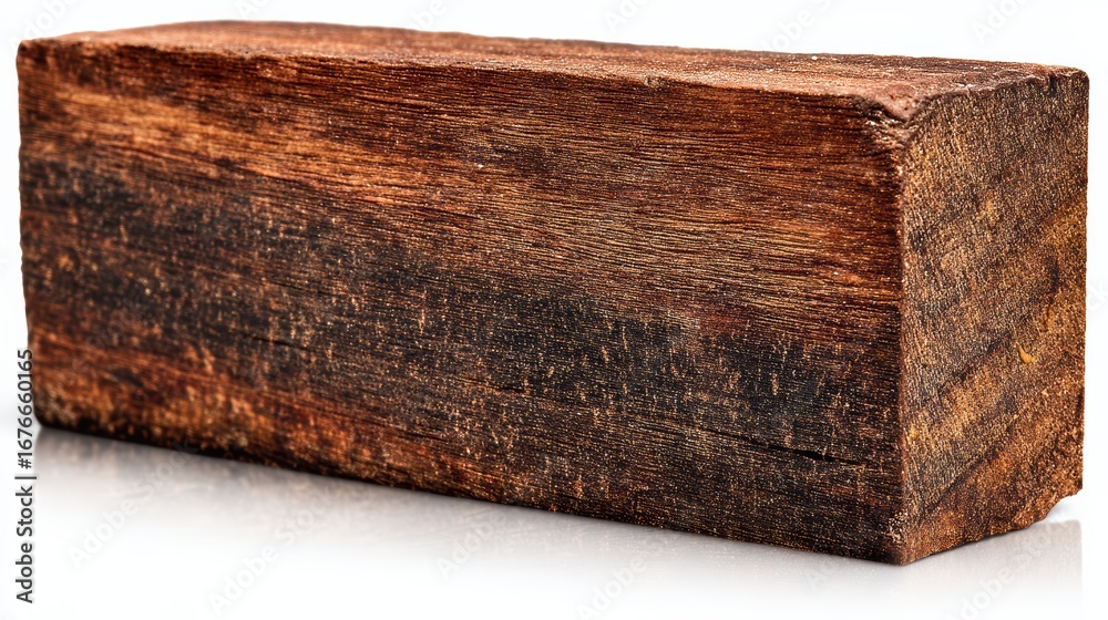 Fototapeta premium A single rectangular wooden block with a rough texture and dark brown color, isolated on a white background