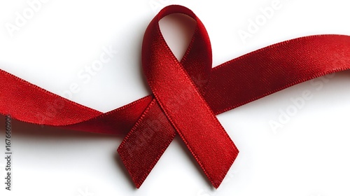 A close up shot of a red ribbon on a white background symbolizing aids awareness and global health support
