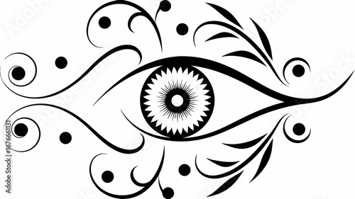 Stylized eye design with floral elements and circular accents in black and white illustration style silhouette