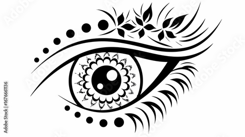 Stylized eye with floral and dotted elements in black and white artistic design illustration style art silhouette