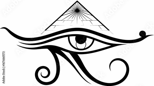 Black and white illustration of the eye of horus with a pyramid on top of the eye design image silhouette