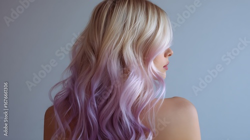 A woman with blonde wavy hair that fades into a light purple color against a gray background image view