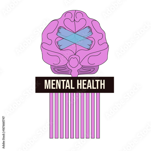 Mental Health. Vector shreddered brain with duct tape isolated transparent background. Perfect Mental Health awareness month template design. Ideal psychological therapy card brochure theme. EPS 10