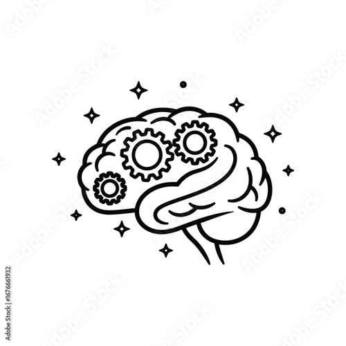 Brain with gears: A clever illustration of a brain with gears, perfect for themes of intellect, creative thinking, and the intricate mechanisms of the mind.