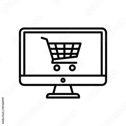 Digital Cart: A simple icon of shopping cart, positioned centrally on a computer monitor, emphasizing the seamless integration of online retail and technology.