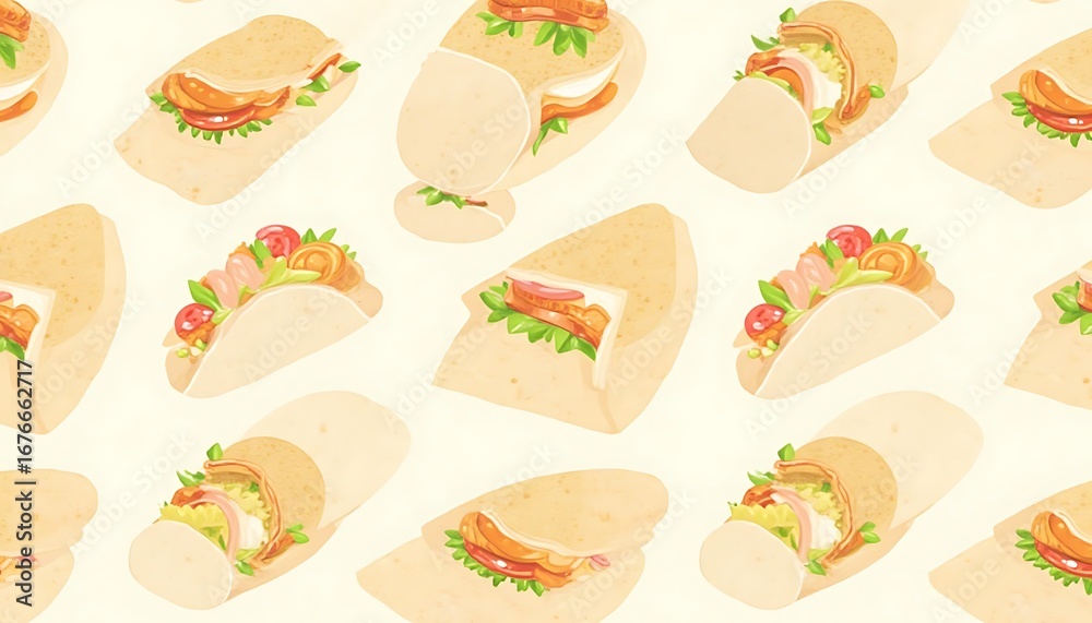 Fototapeta premium Tortilla Wrap Pattern Colorful Food Illustrations on Beige Background
