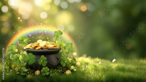 A pot of gold sits among clovers on green grass, sparkling under sunlight with a rainbow in the background, evoking a magical and lucky atmosphere