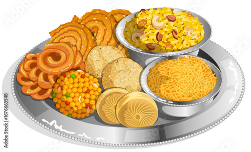 Savoury and Sweet Deepavali Snacks Silver Thali with Fersan, Chivda, Chakli, Imarti, Rava and Boondi Ladoo & Peda - Festive Indian Food Illustration