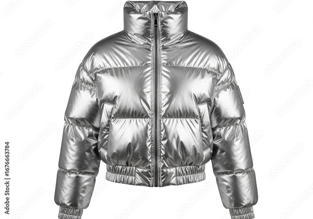Obraz premium Metallic silver puffer jacket fashion isolated on transparent background
