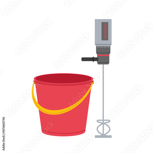 Mixing equipment next to a red bucket in a construction setting during daytime operations