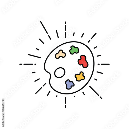 Palette Icon: The illustration showcases a minimalist palette with a splash of vivid colors emanating a vibrant artistic energy.  A visual metaphor for creativity and the visual arts.