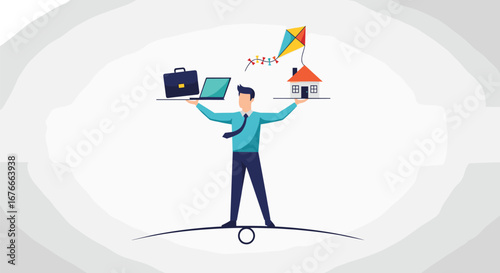 Person balances work and life on seesaw. Work-life balance, business, home, family, success, happiness, career, equilibrium
