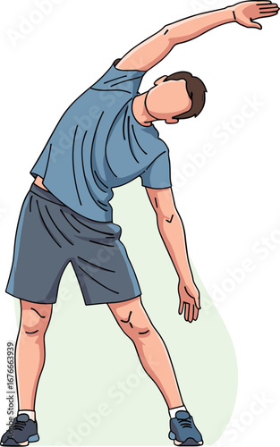 Man doing side stretch outdoors. Exercising, stretching, fitness, active, healthy lifestyle, wellness, body, workout, yoga, exercise routine, training