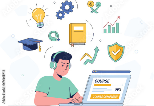 Man completes online course, gets certificate. E-learning, student, study, graduation, knowledge, education, skill, success, learning, training, development