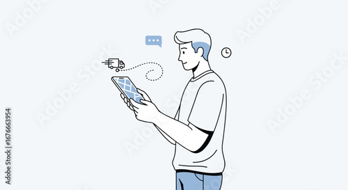 Man uses mobile phone to track delivery. E-commerce tracking, logistics, shipping notification, online order, delivery service, digital life, technology, connection.
