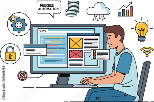 Man works at a computer with software processes. Process automation, technology, development, programming, software, coding, innovation, design, cloud, process, business