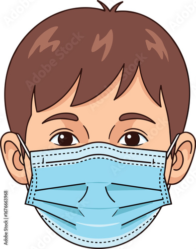 Boy wears a protective face mask. Health, safety, protection, prevention, virus, disease, illness, care, medical, hygiene, pandemic