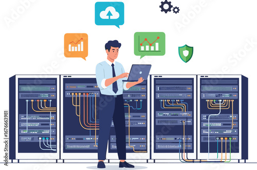 Man monitors servers with laptop, cloud and security. Data center, system administrator, network, infrastructure, cloud computing, technology, server room