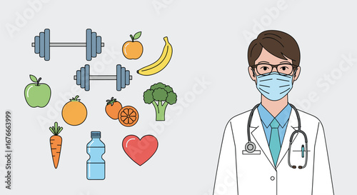 Doctor promotes healthy lifestyle. Fitness, nutrition, health, wellness, prevention, diet, exercise, healthcare, medical, doctor, food, balance, vitality, wellbeing, vitality