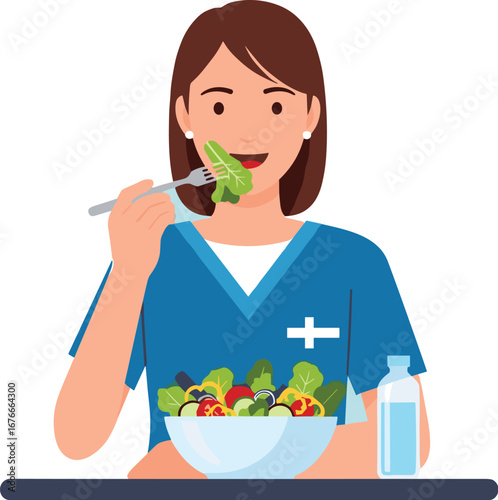 Nurse enjoys a healthy salad with water. Nourishment during break, health, eating well, wellness, healthcare worker