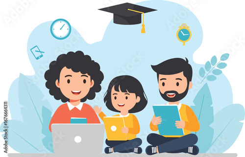 Family studies together at home, learning with laptop and books. Homeschooling, education, online, parent, child, classroom, teaching, study, knowledge.