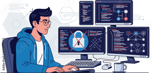 Man works on computers with security breach. Cybersecurity, programmer, data breach, network, code, information, online, security, virus, threat, hack, cyber.
