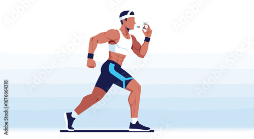 Athletic man runs while taking pills for health. Sports, fitness, supplements, wellness, athlete, medicine, bodybuilding, health, exercise, active, running, vitality.