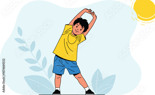 Boy stretches outside in the sun. Exercise, workout, health, fitness, child, sun, wellness, stretch, active, activity.