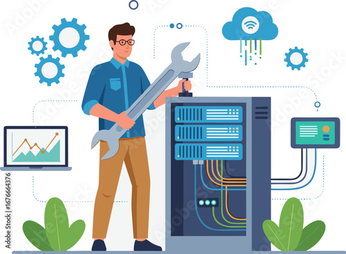 Man repairs server with wrench, data monitoring. IT support, system admin, maintenance, networking, database, cloud computing, information technology, software, cybersecurity
