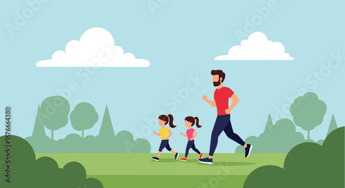 Father and daughters jogging in park on sunny day. Family fitness, healthy lifestyle, outdoor recreation, fatherhood, parenthood, bonding, exercise, vector.