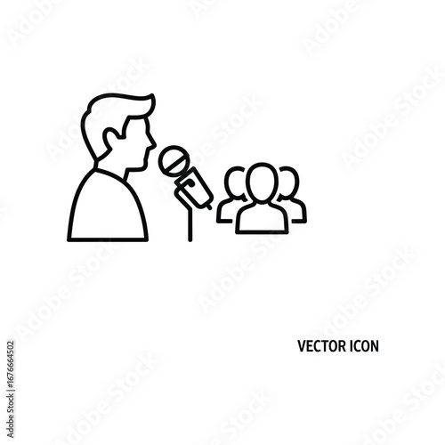 Public Speaker's Address: Simple line art portrays a speaker addressing an audience, conveying ideas, and sharing information. A visual representation of communication and dialogue.
