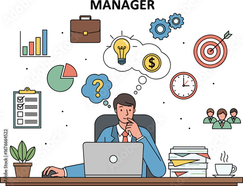 Manager thinks about business goals and ideas. Management, leadership, strategy, plan, decision, problem solving, success, business, office, innovation.