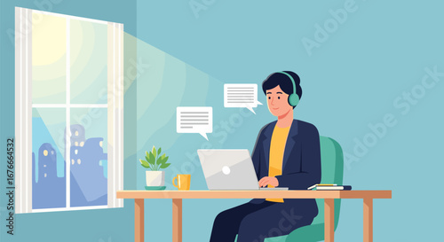 Man works from home, talking through headphones. Remote job, office, communication, business, desk, worker, online, freelance, laptop, video call, chat, job.