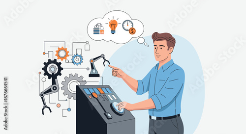 Man manages robotic arm, thinking of efficiency. Automation, engineering, manufacturing, productivity, innovation, design, ai, technology, factory, progress, development.