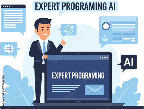AI expert programming presentation. Laptop screen, data analysis, man points. Artificial intelligence, digital technology, machine learning, computer science