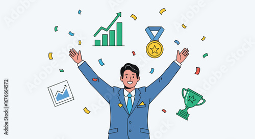 Businessman celebrates success with graphs and confetti. Victory, achievement, winning, business, celebration, success, achievement, reward, goal, motivation