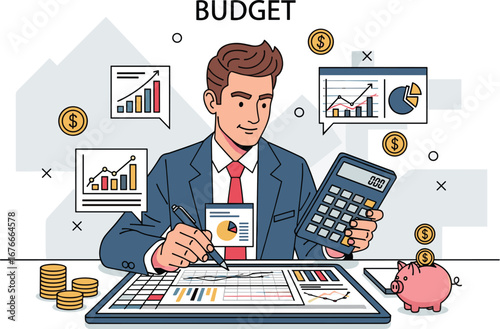 Man calculates budget with calculator, pen and chart. Finance, accounting, business, investment, savings, planning, analysis, wealth
