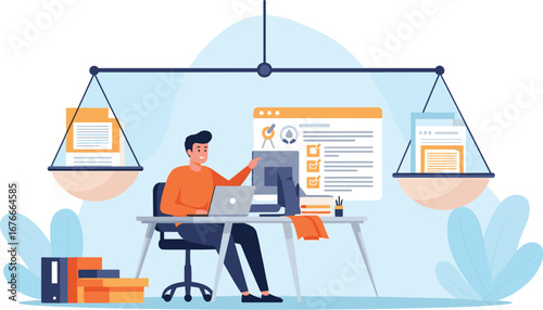 Man balances work and life at his computer. Workflow management, productivity, equilibrium, stress, health, office, business, laptop, scale, documentation