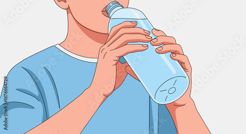 Person drinks from water bottle. Hydration, refreshment, thirst, healthy lifestyle, beverage, drinking water.