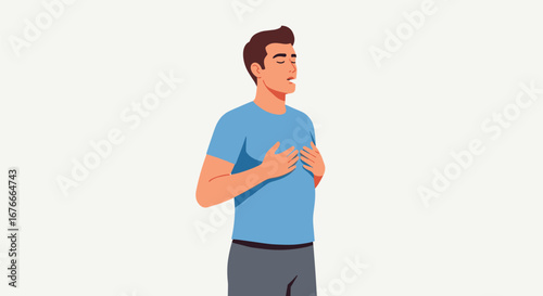 Man practices breathing exercise with hands on chest. Relaxation, breathwork, mindfulness, wellness, calmness, stress relief, health, self-care.