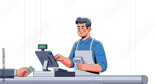 Clerk serves customer at register. Payment with card, point of sale, retail, service, cashier, commerce